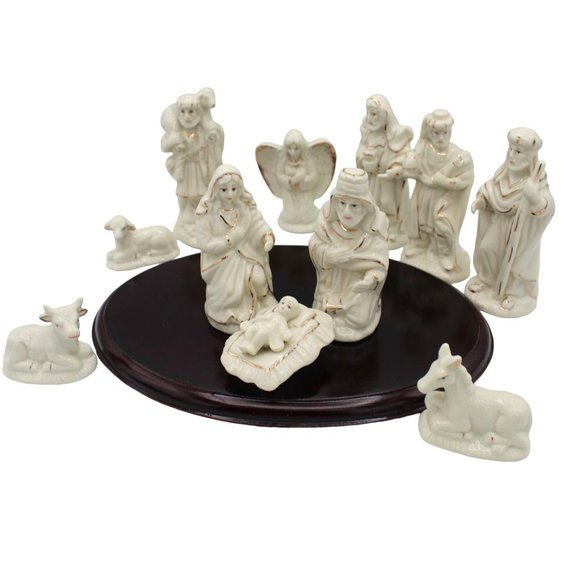 Nativity Set Holiday Style Wooden Base White Porcelain with Gold Color Accents - Picture 16 of 16